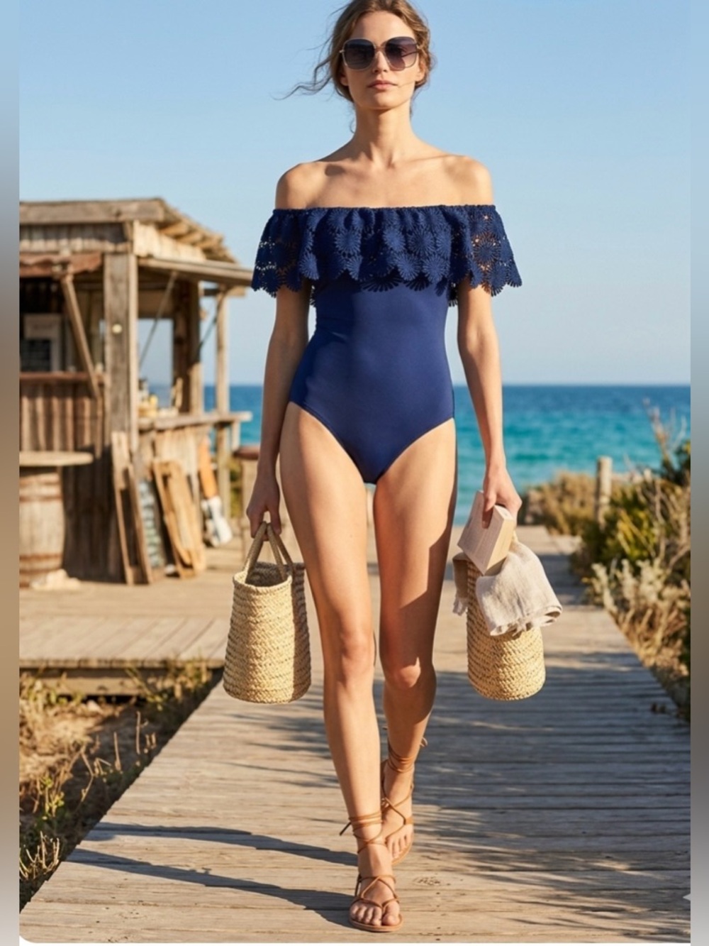 Trina Turk Navy One-Piece Swimsuit with Fringe Trim